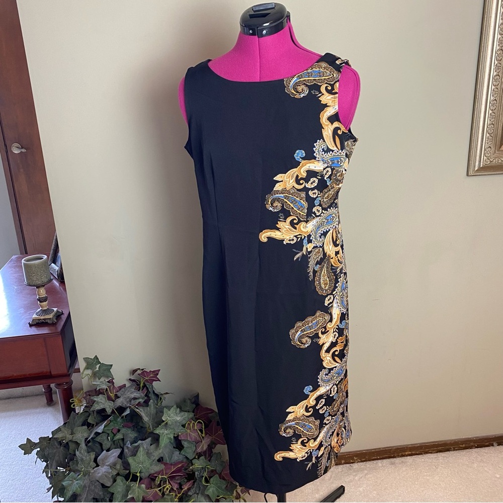 Maya Brooke Black Gold Paisley Sheath Sleeveless Dress
